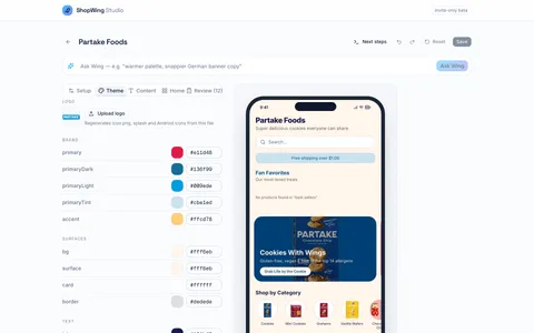 ShopWing Studio editor with theme controls alongside a live phone preview of the generated app