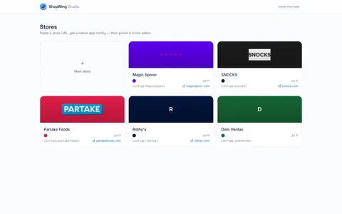 Grid of storefronts ShopWing has read brand details from, showing logos, colors, and layouts extracted automatically