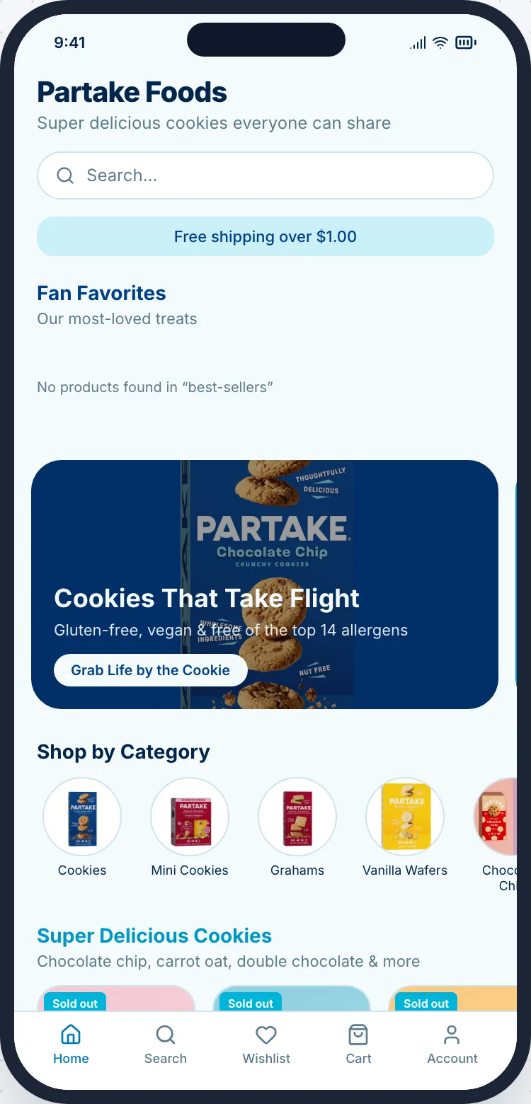 Same app after Wing AI: ocean-blue palette, headline rewritten to "Cookies That Take Flight"